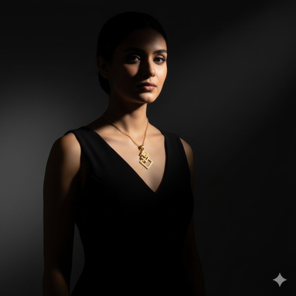 Indian woman wearing gold pendant in dark studio