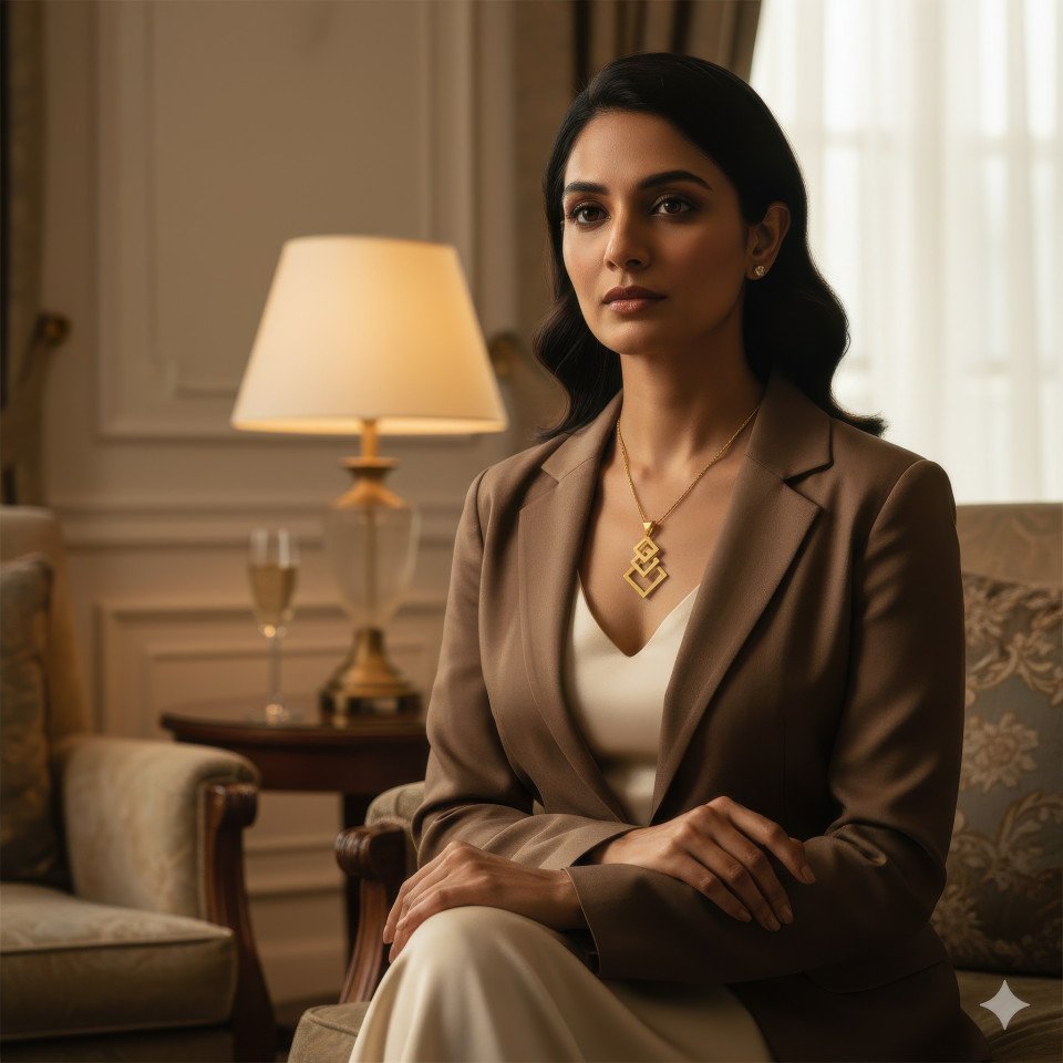 Indian woman wearing gold pendant in elegant lounge