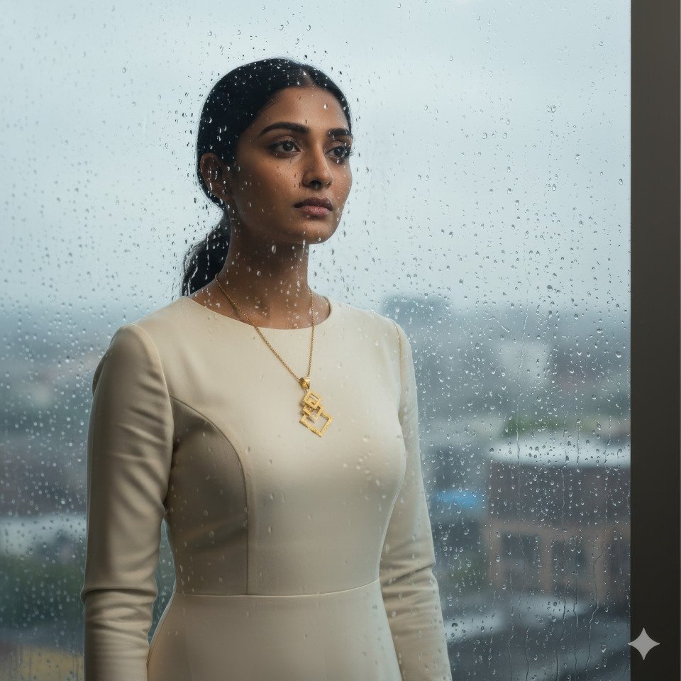 Indian woman wearing gold pendant near rainy window