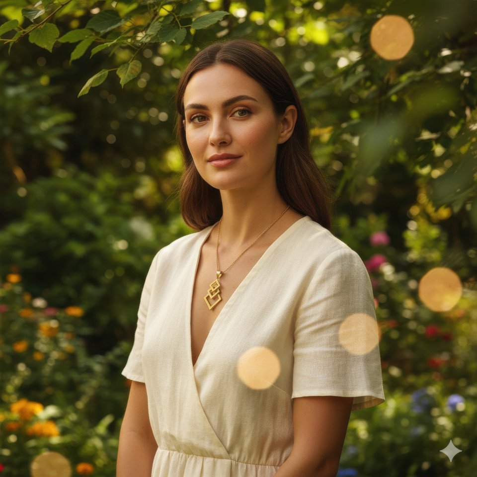 Woman wearing gold pendant in lush green garden