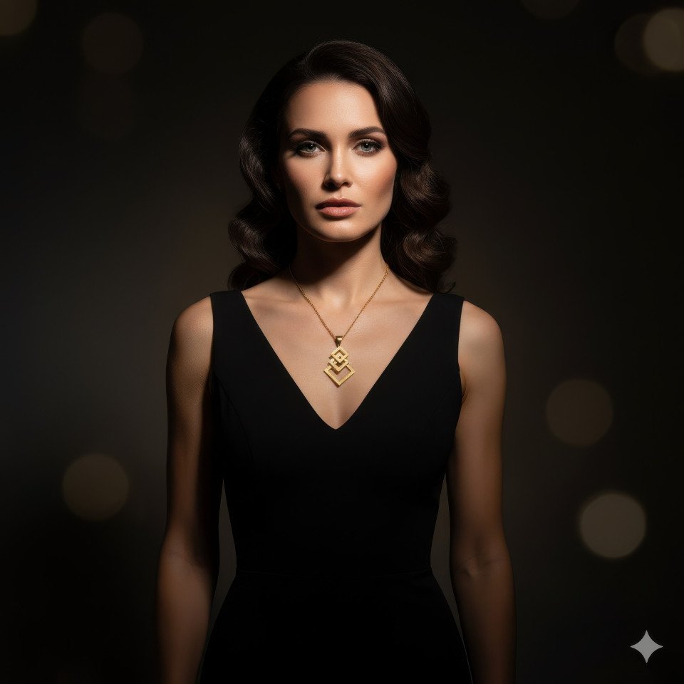 Woman wearing gold pendant in dramatic studio lighting
