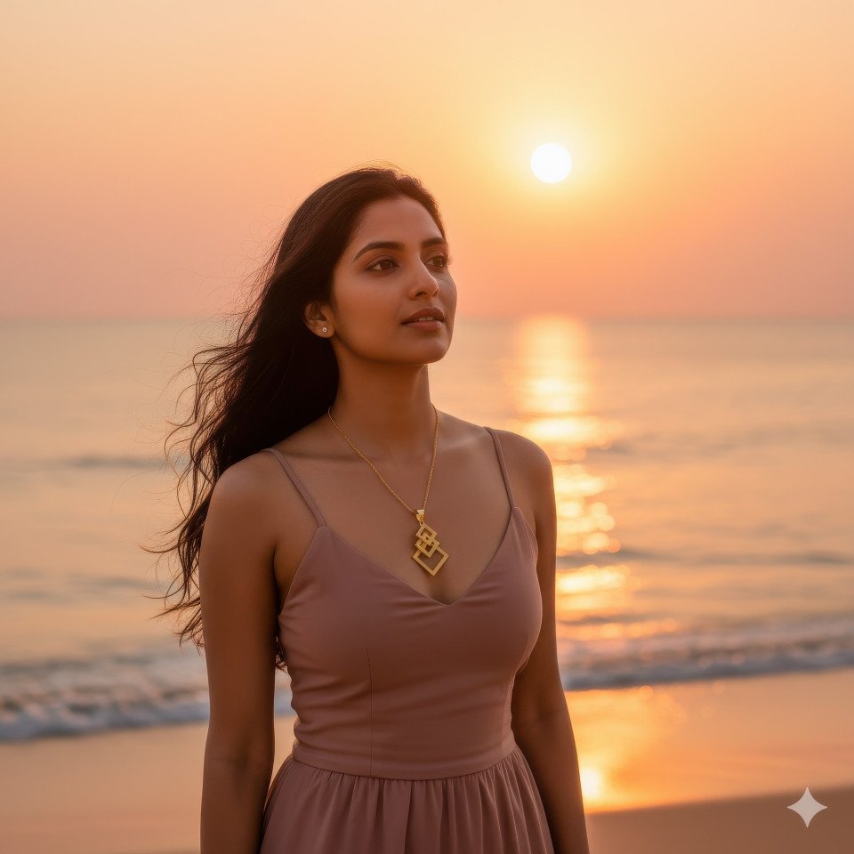 Indian woman wearing gold pendant on beach at sunset