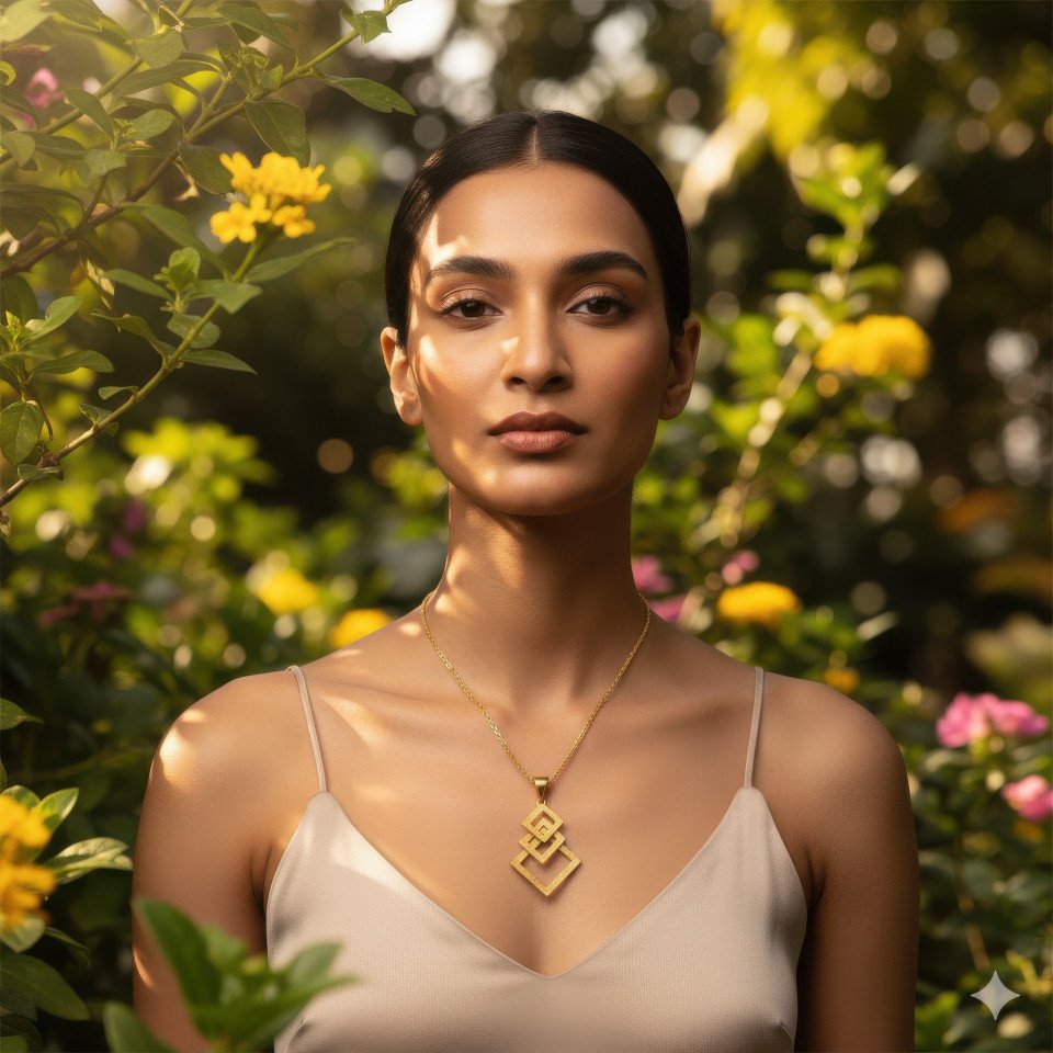Indian woman wearing gold pendant in lush garden