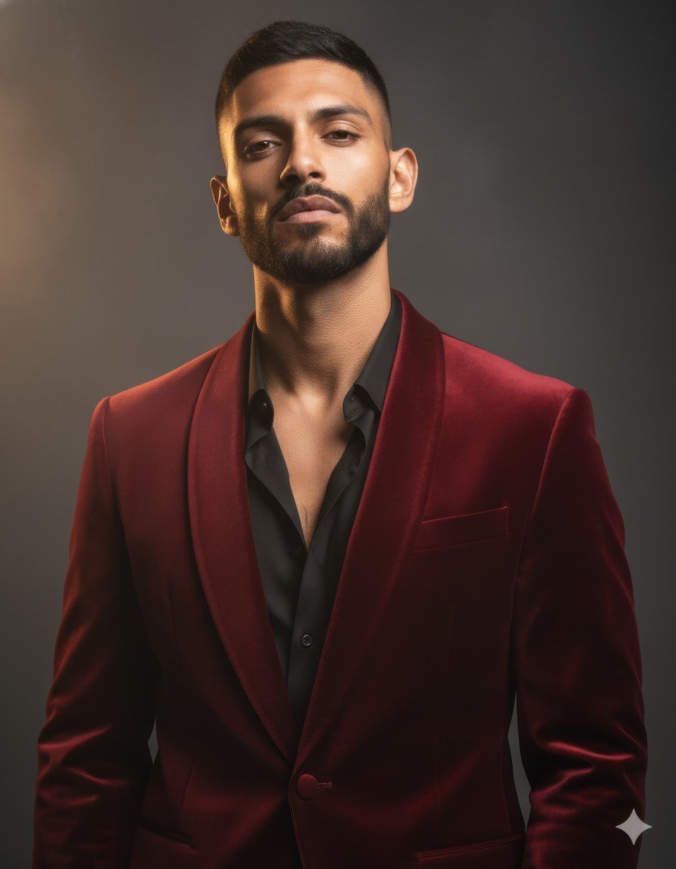 Man in crimson velvet blazer in smoky studio