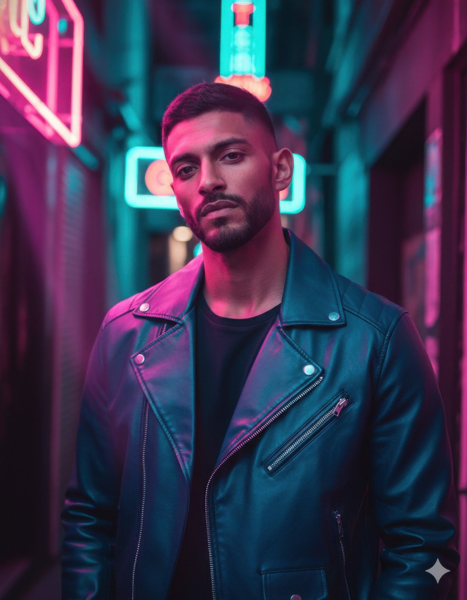Man in blue leather jacket with neon alley lights