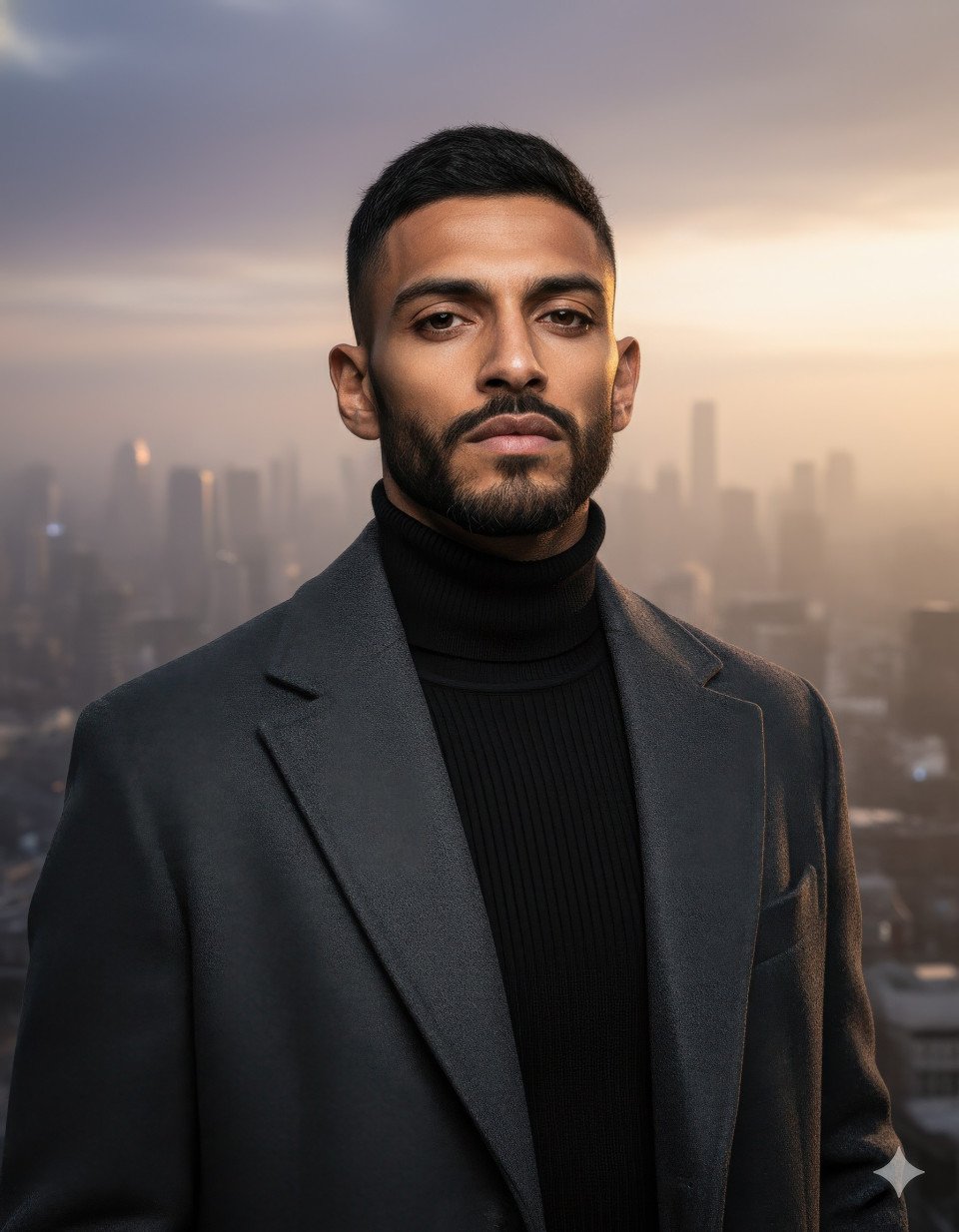 Man in charcoal overcoat at dusk city skyline