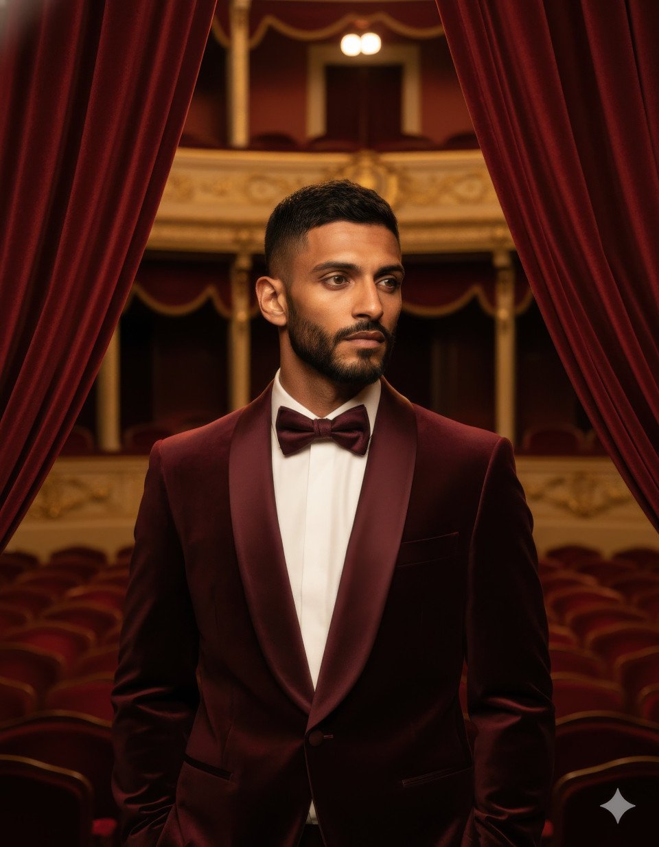 Man in burgundy tuxedo in vintage theater