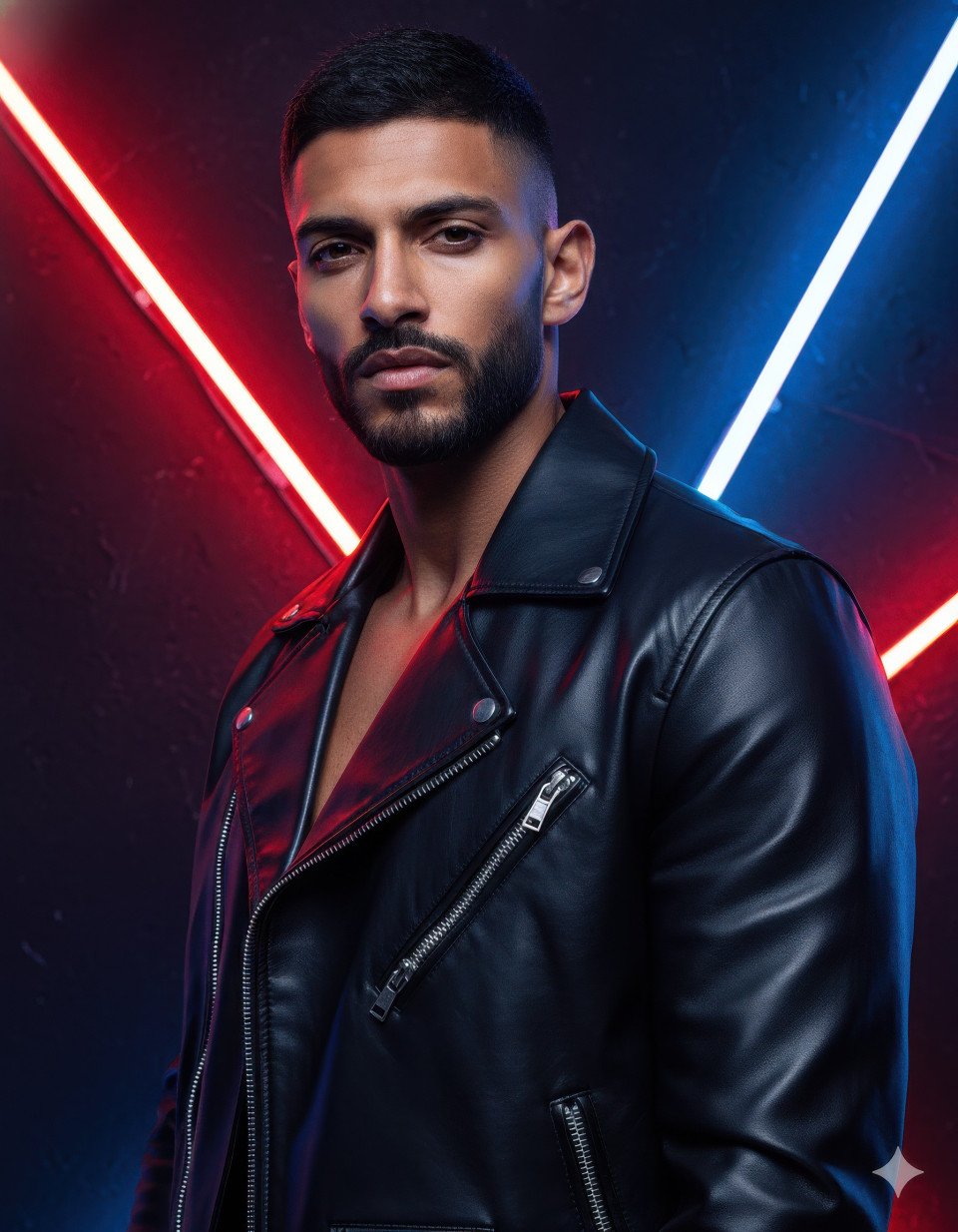 Man in black leather jacket with neon lights