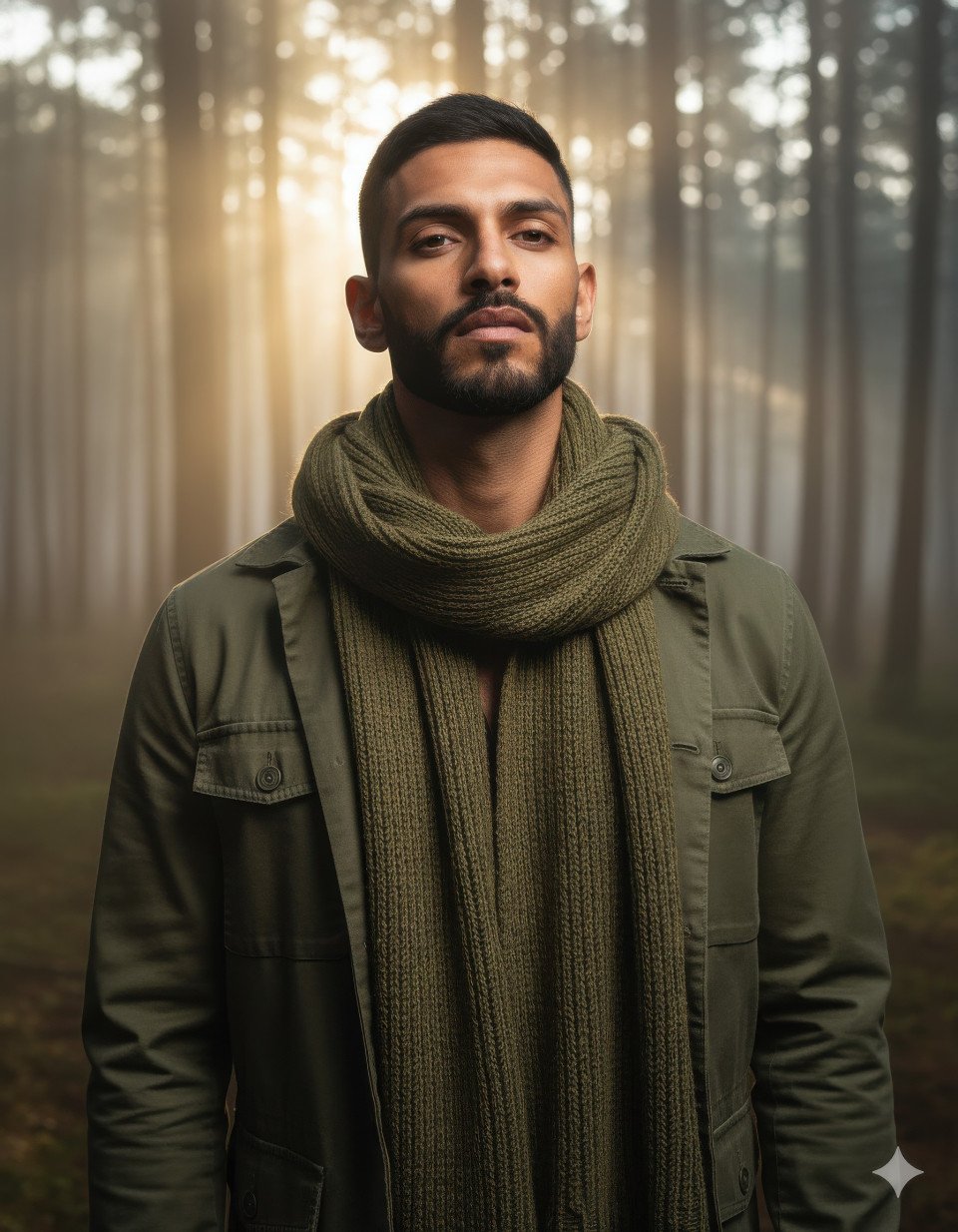 Man in green jacket in misty pine forest