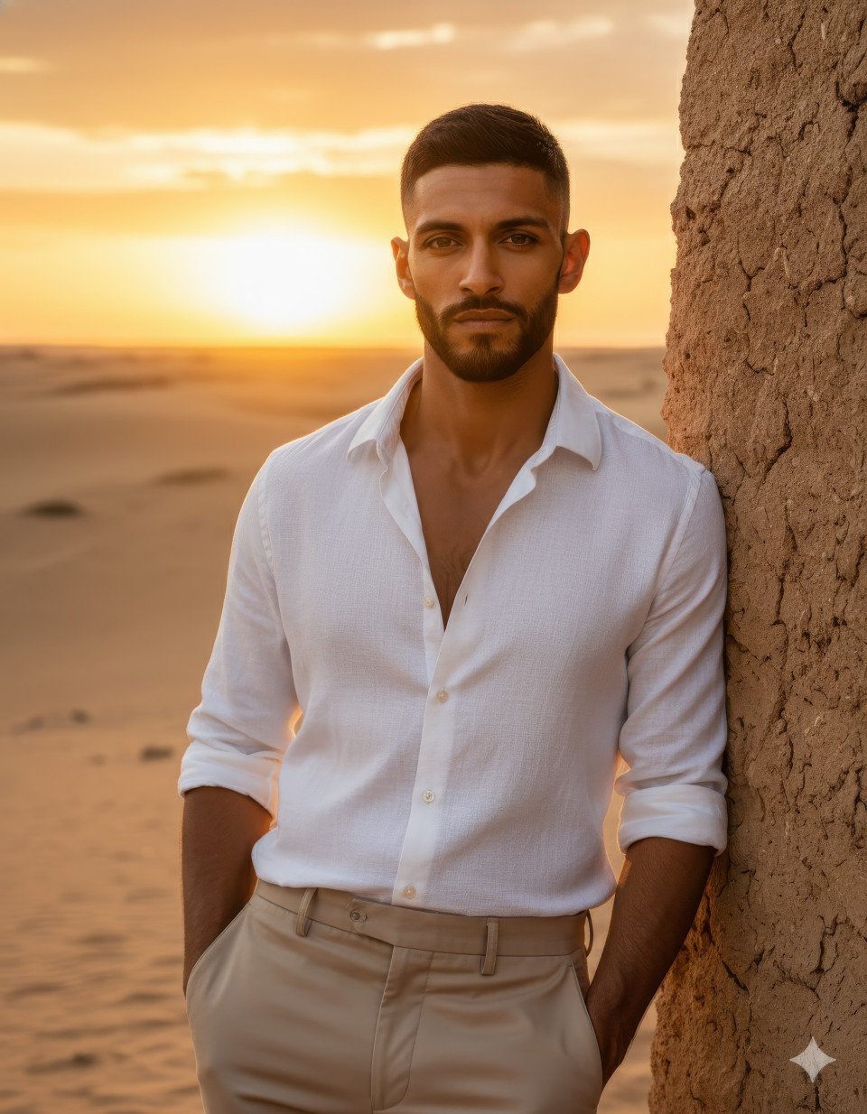 Man in white linen shirt in desert sunset