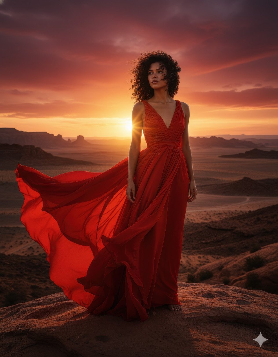 Woman in red gown at desert sunset