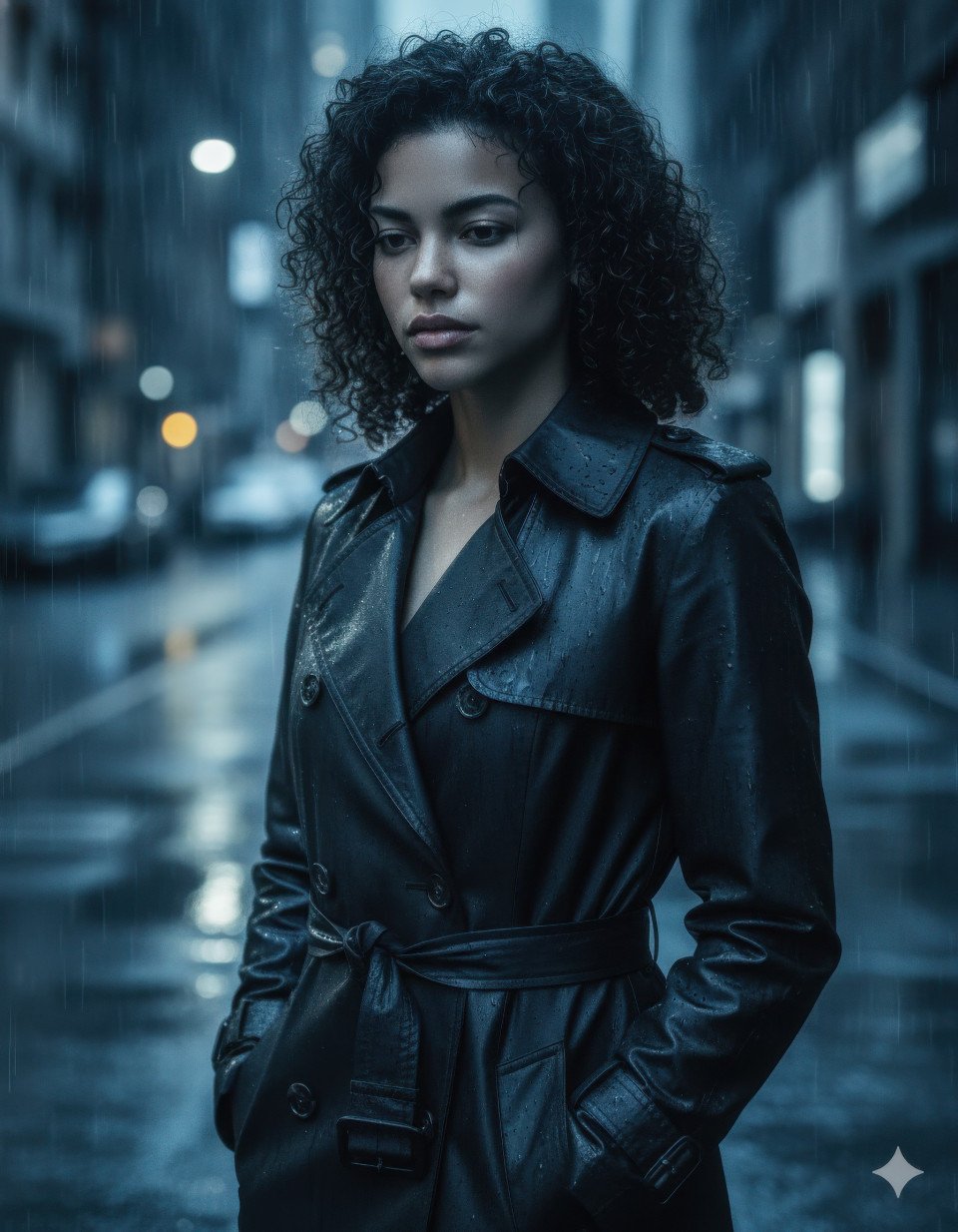 Woman in trench coat in rainy cityscape