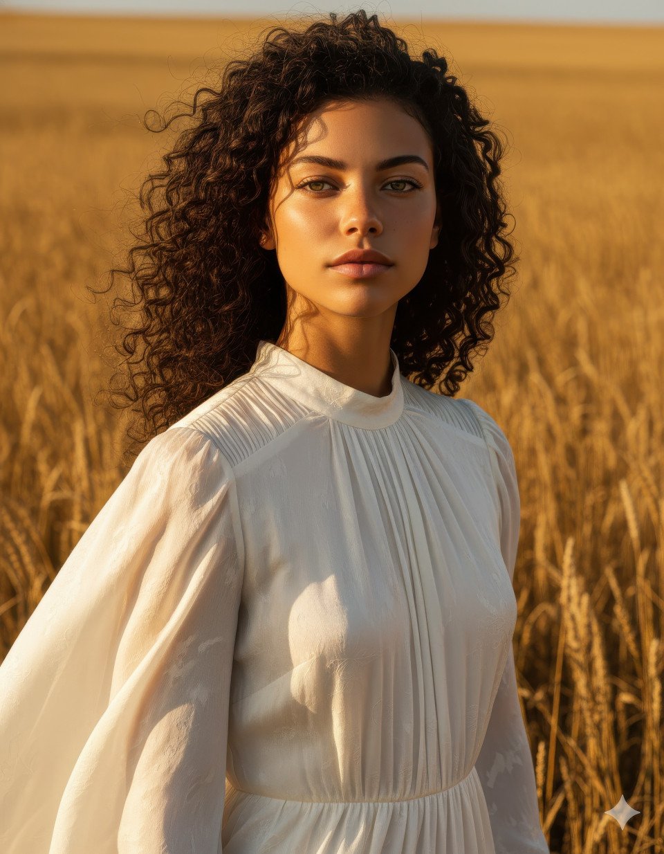 Woman in ivory dress in golden field