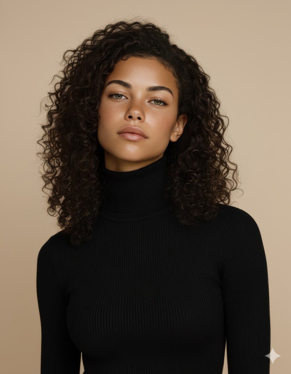 Woman in black turtleneck against beige background