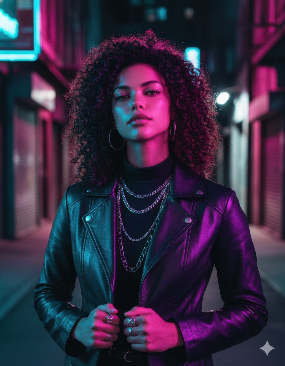 Woman in leather jacket in neon city alley