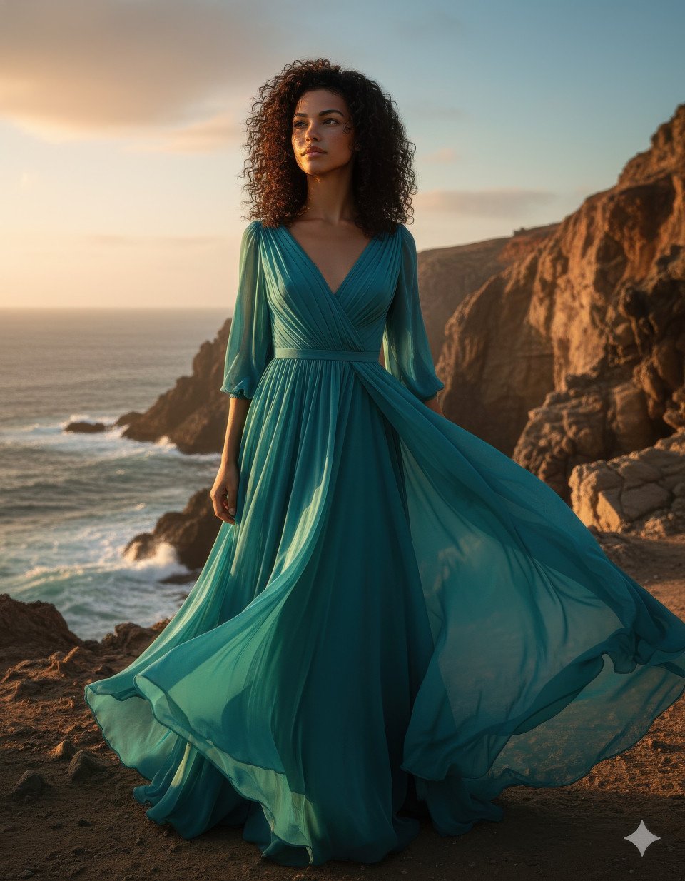 Woman in turquoise dress on ocean cliff at sunset