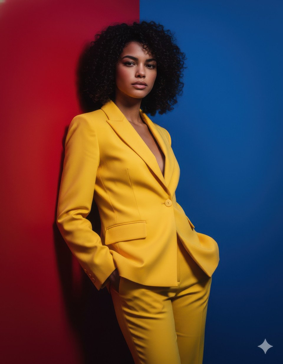 Woman in yellow suit against color block wall