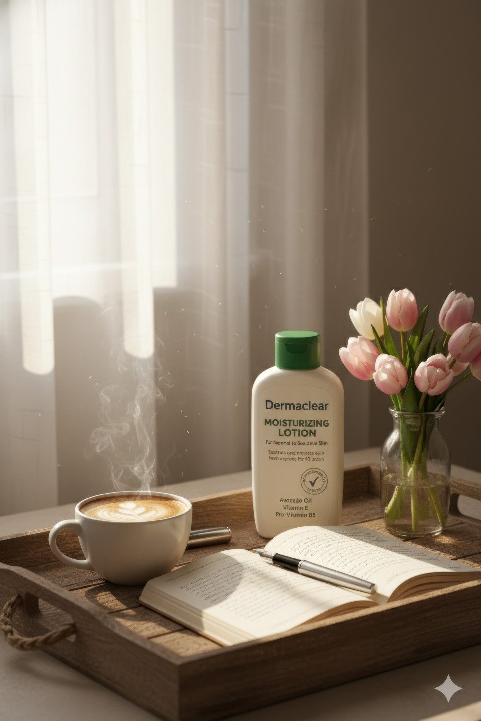 Moisturising lotion with cappuccino and tulips on wooden tray