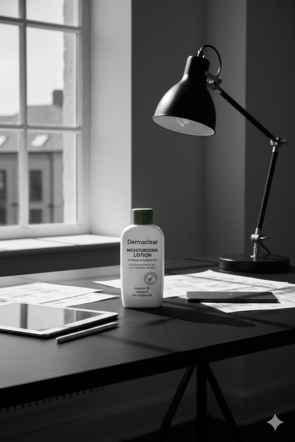 Moisturising lotion on black desk with sketches and tablet