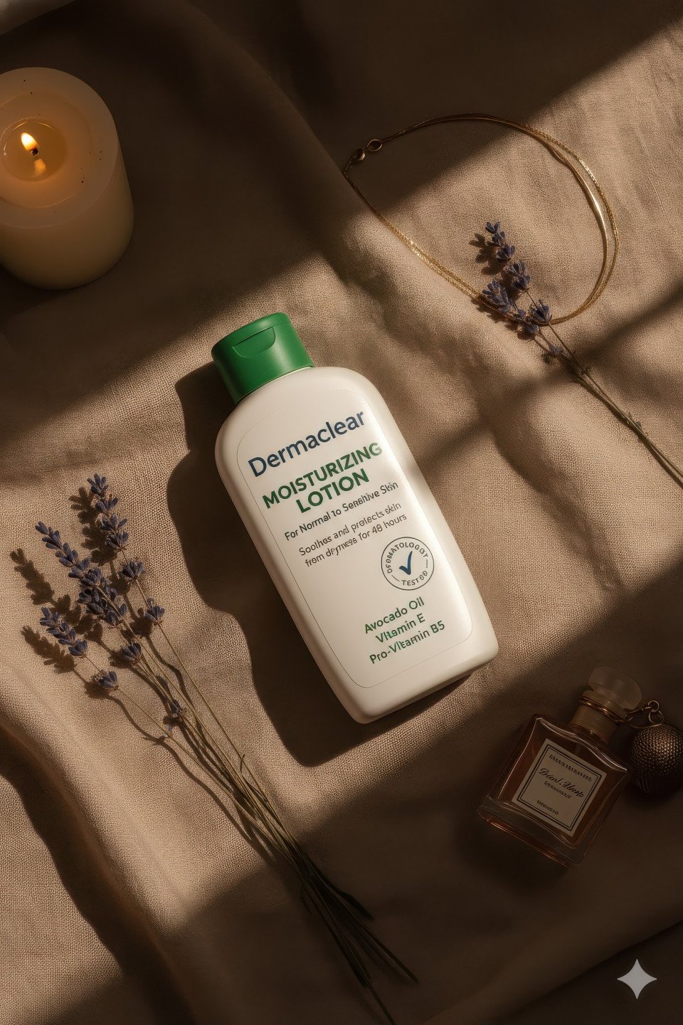 Moisturising lotion with lavender and jewelry on linen