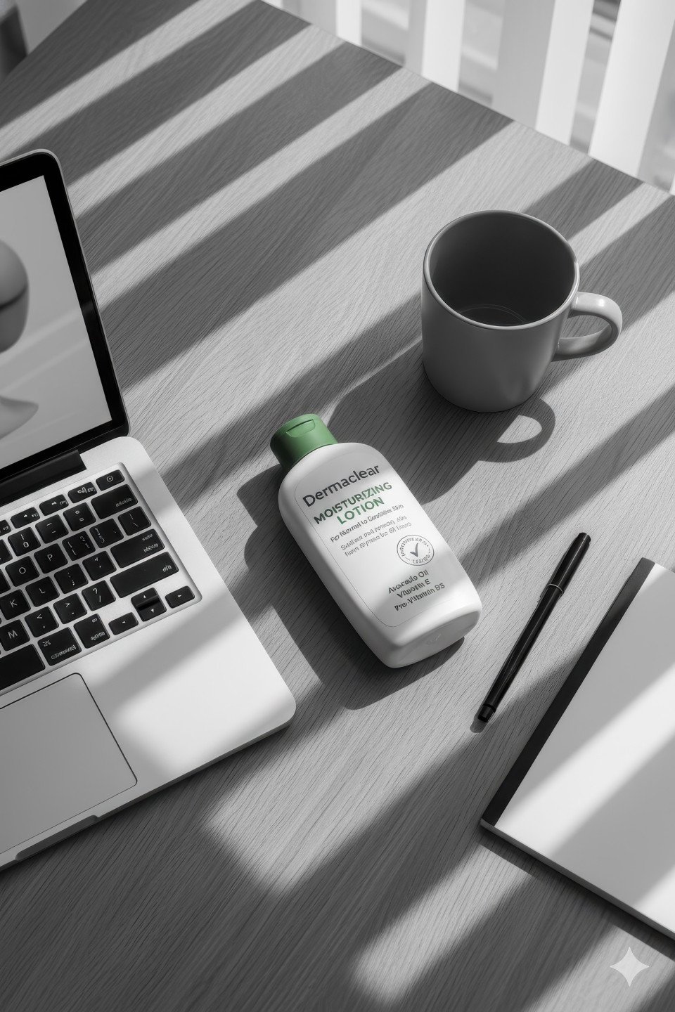 Moisturising lotion on desk with laptop and stationery