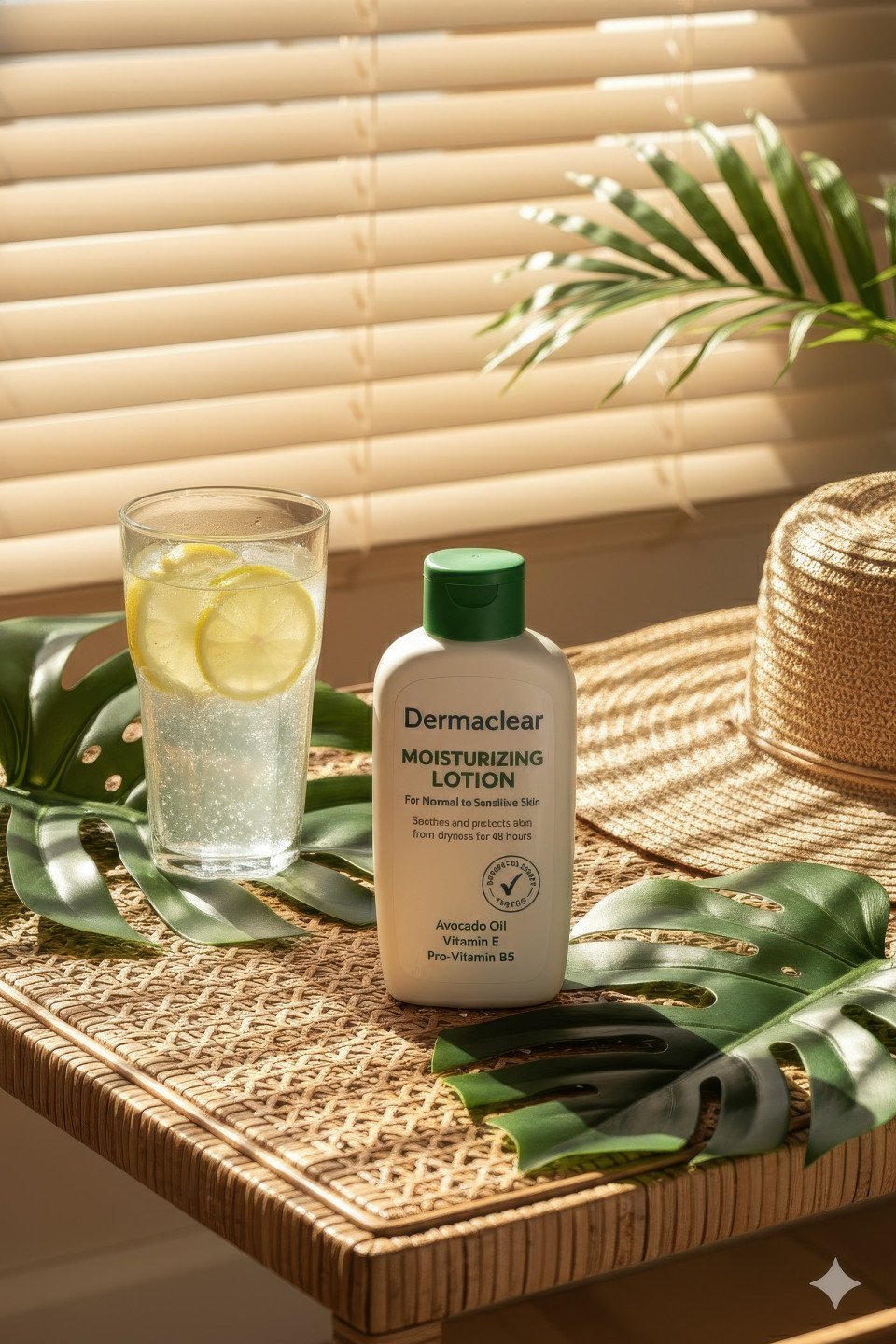 Moisturising lotion with tropical leaves and citrus drink