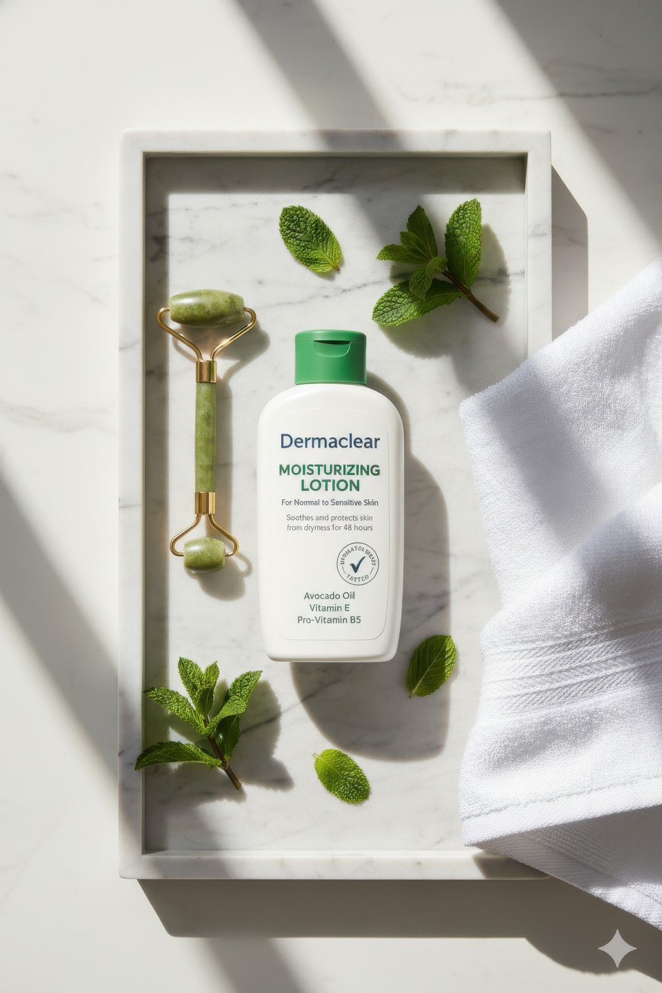 Moisturising lotion with towel and jade roller on marble tray