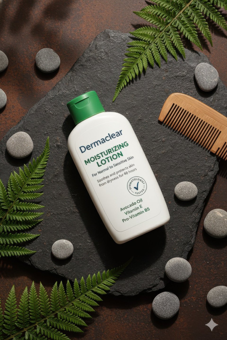 Moisturising lotion with fern leaves and stones on stone surface