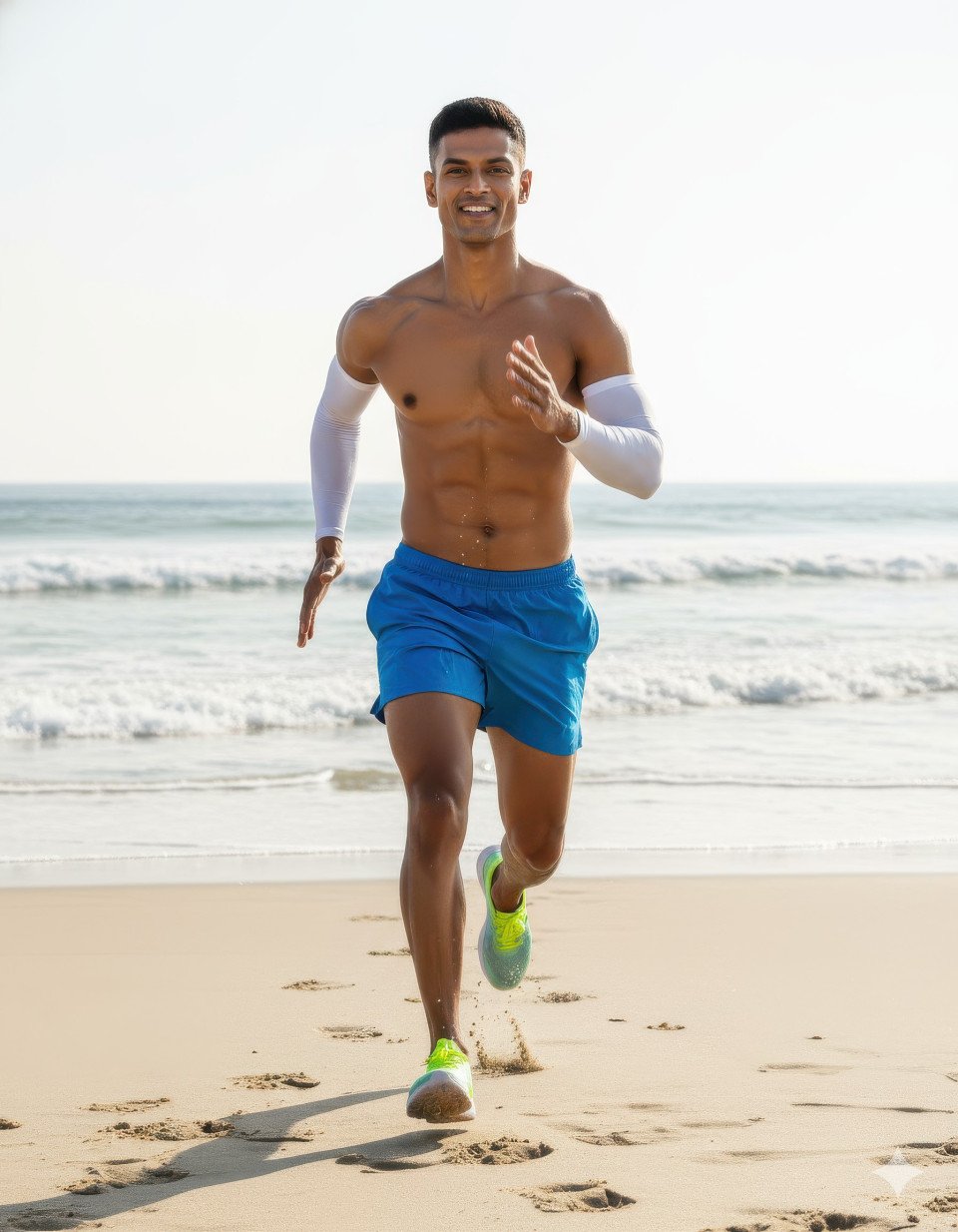 Male athlete sprinting along beach shoreline