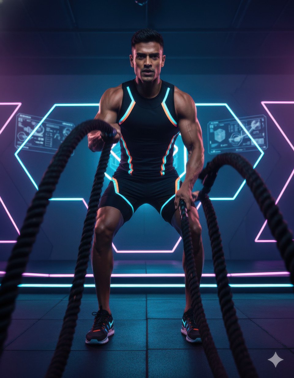 Futuristic male athlete training with battle ropes