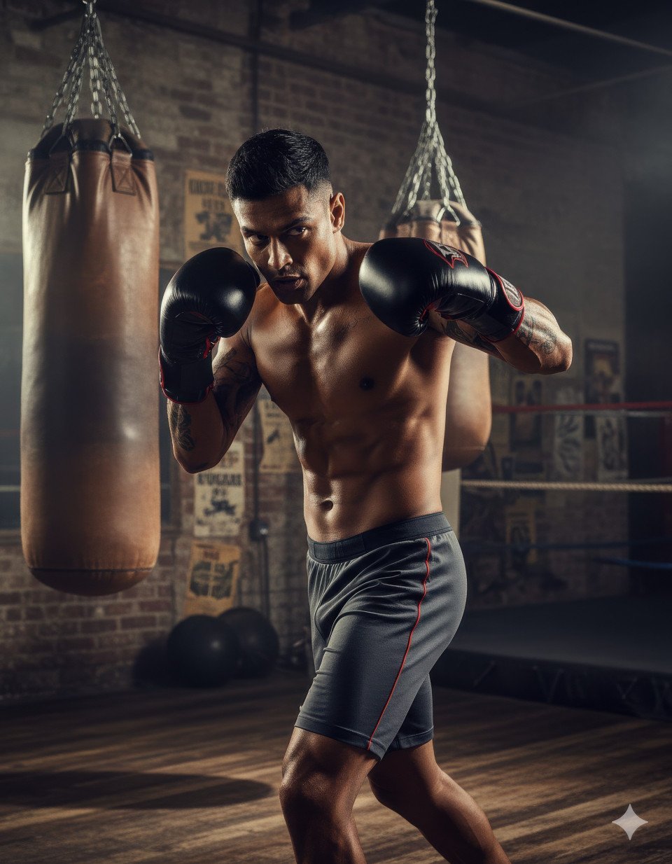 Male boxer training with punching bag in vintage gym