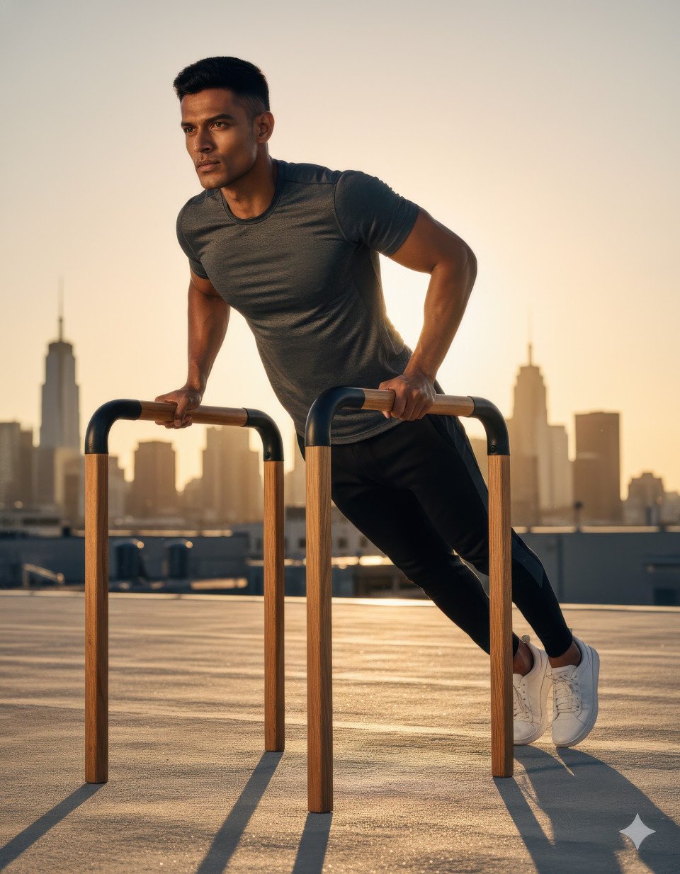 Male athlete doing bodyweight training on city rooftop