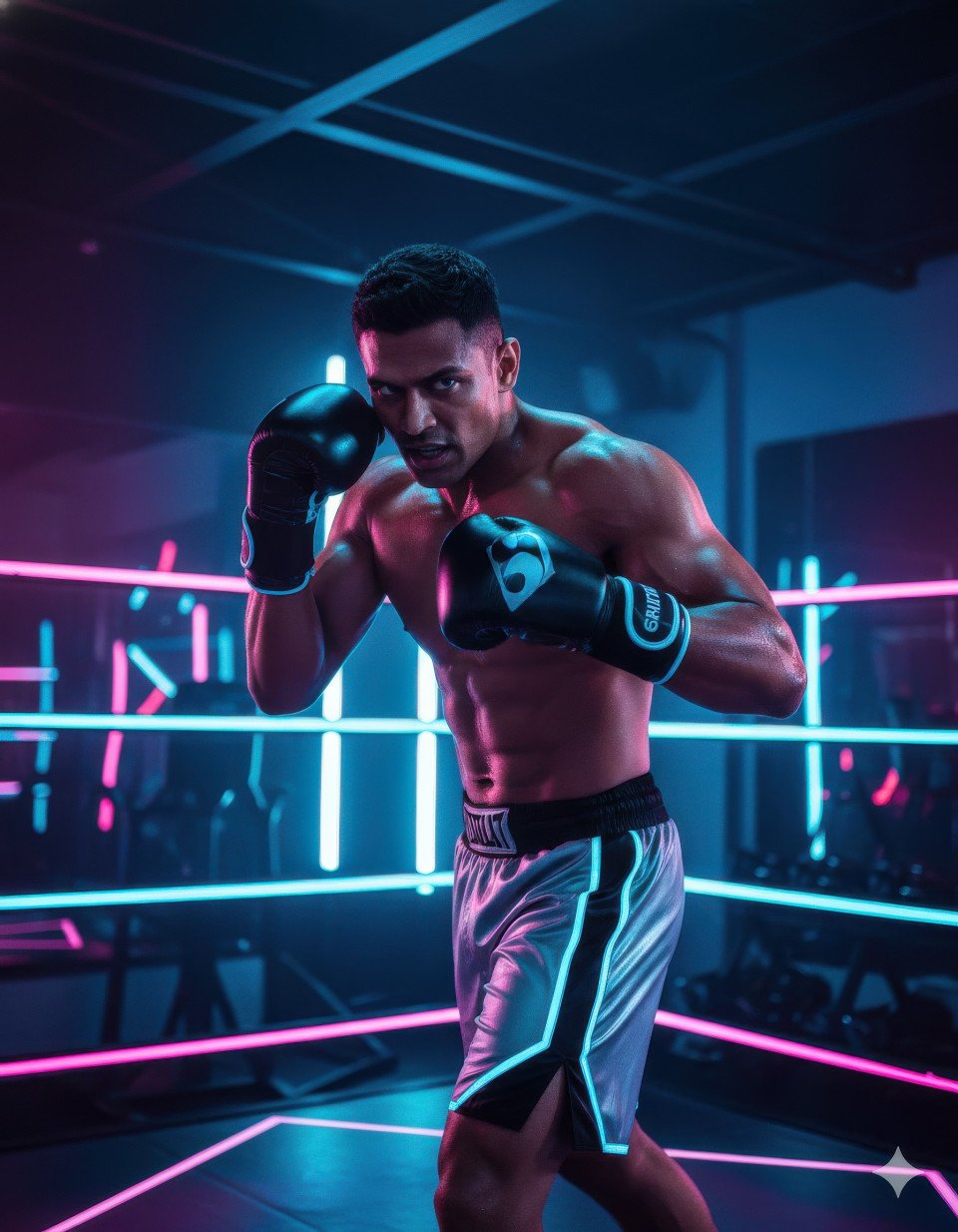 Male boxer training in neon lit boxing ring