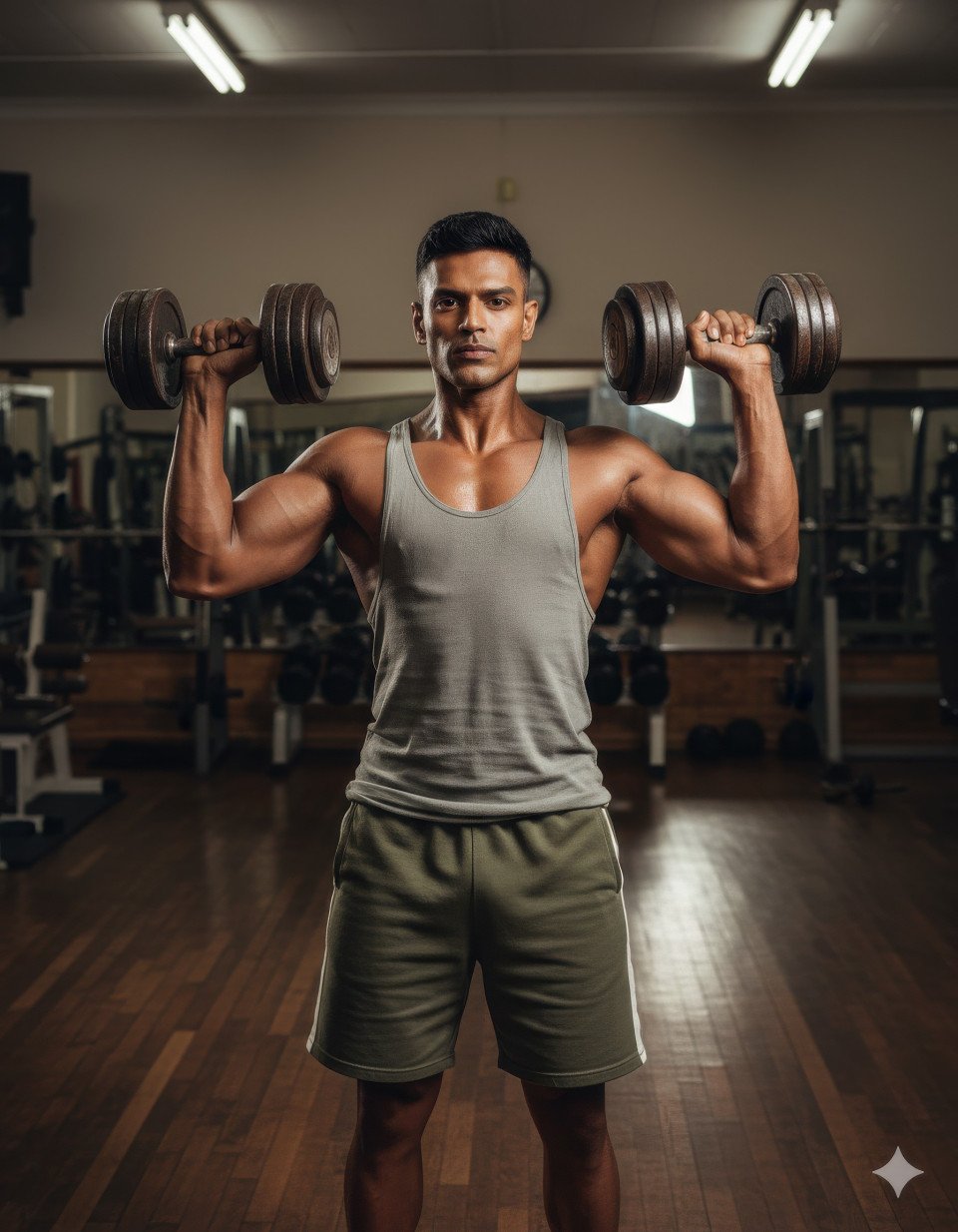 Male model lifting dumbbells in vintage gym