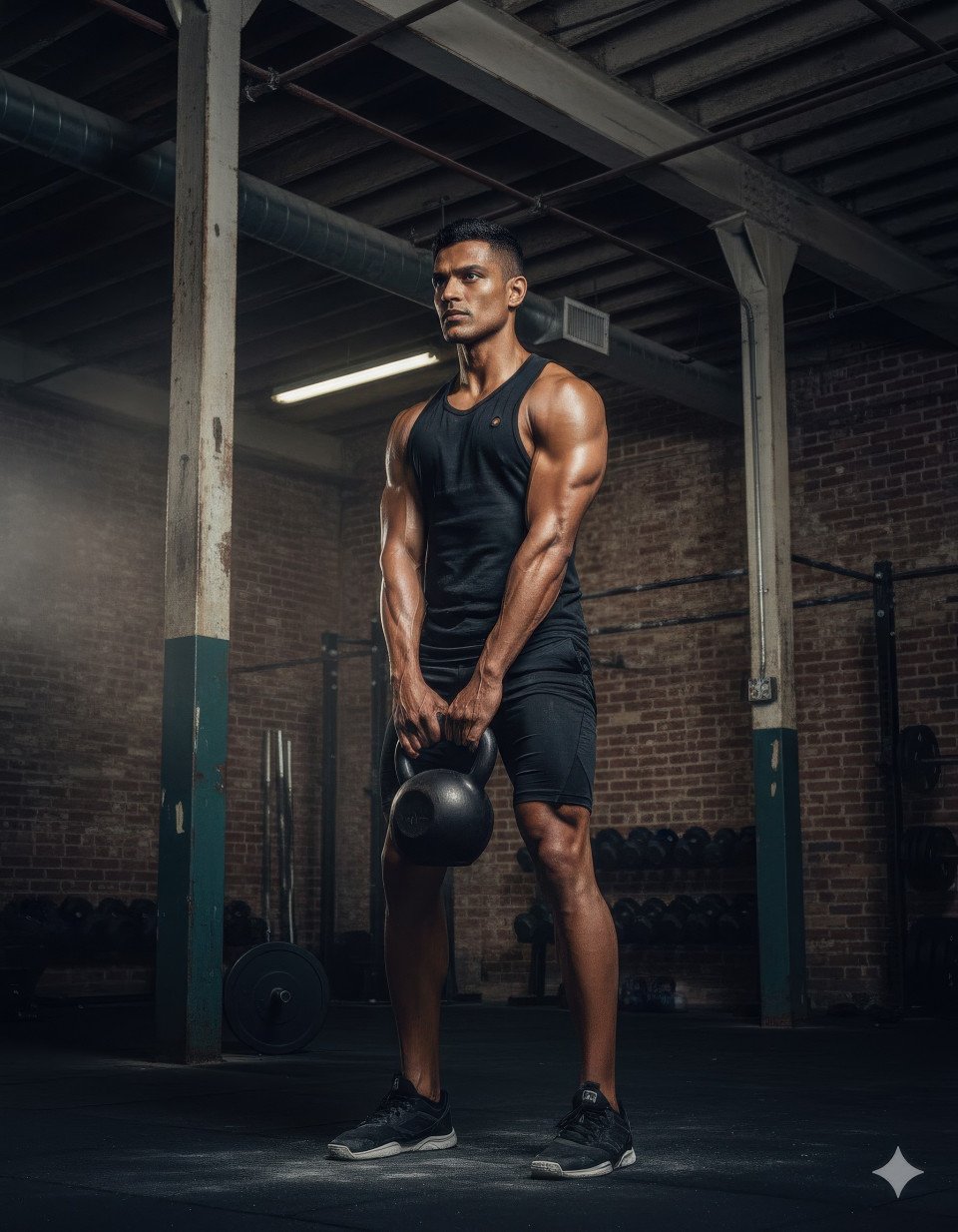 Male athlete performing kettlebell swings in gym