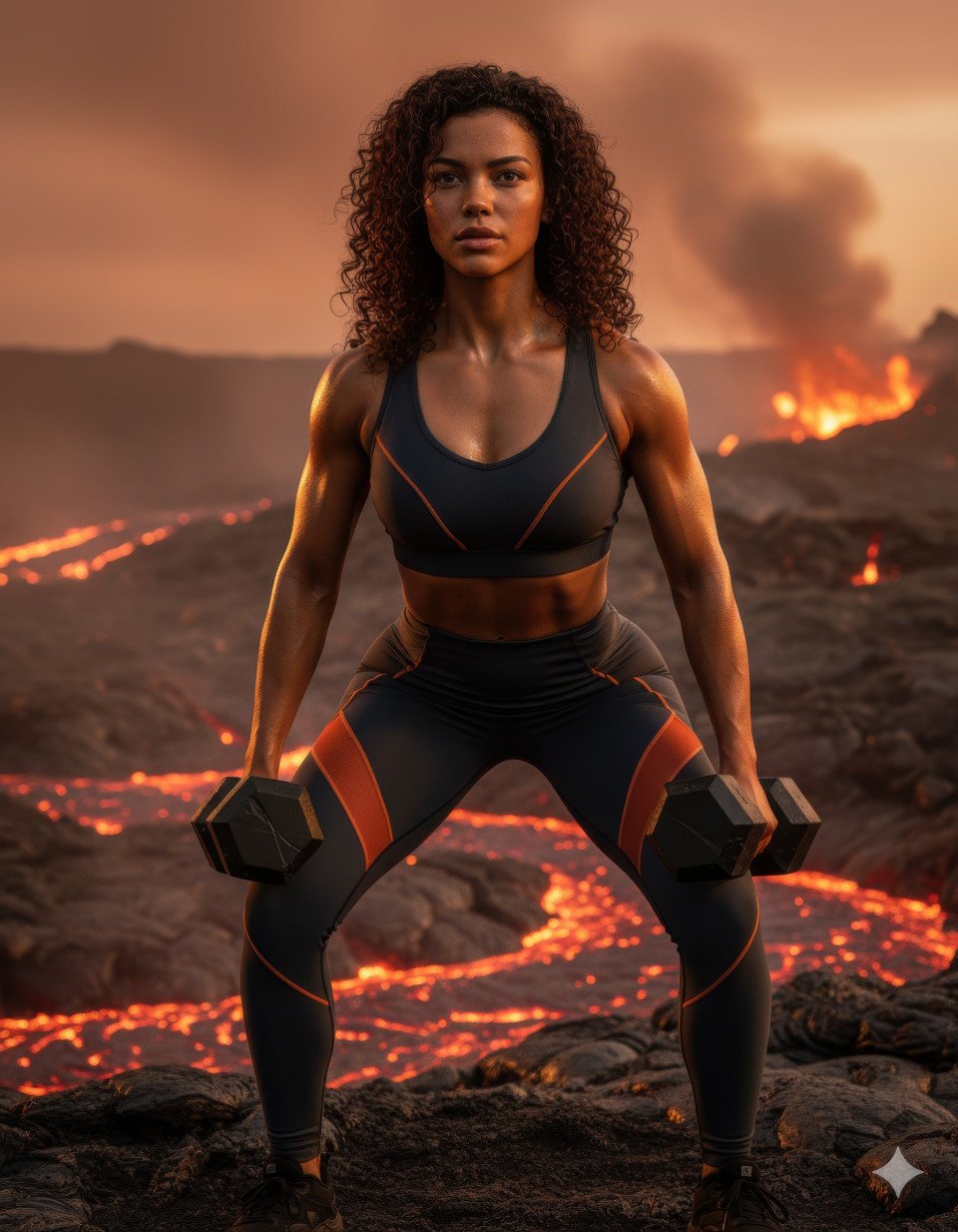 Female athlete training on volcanic terrain outdoors