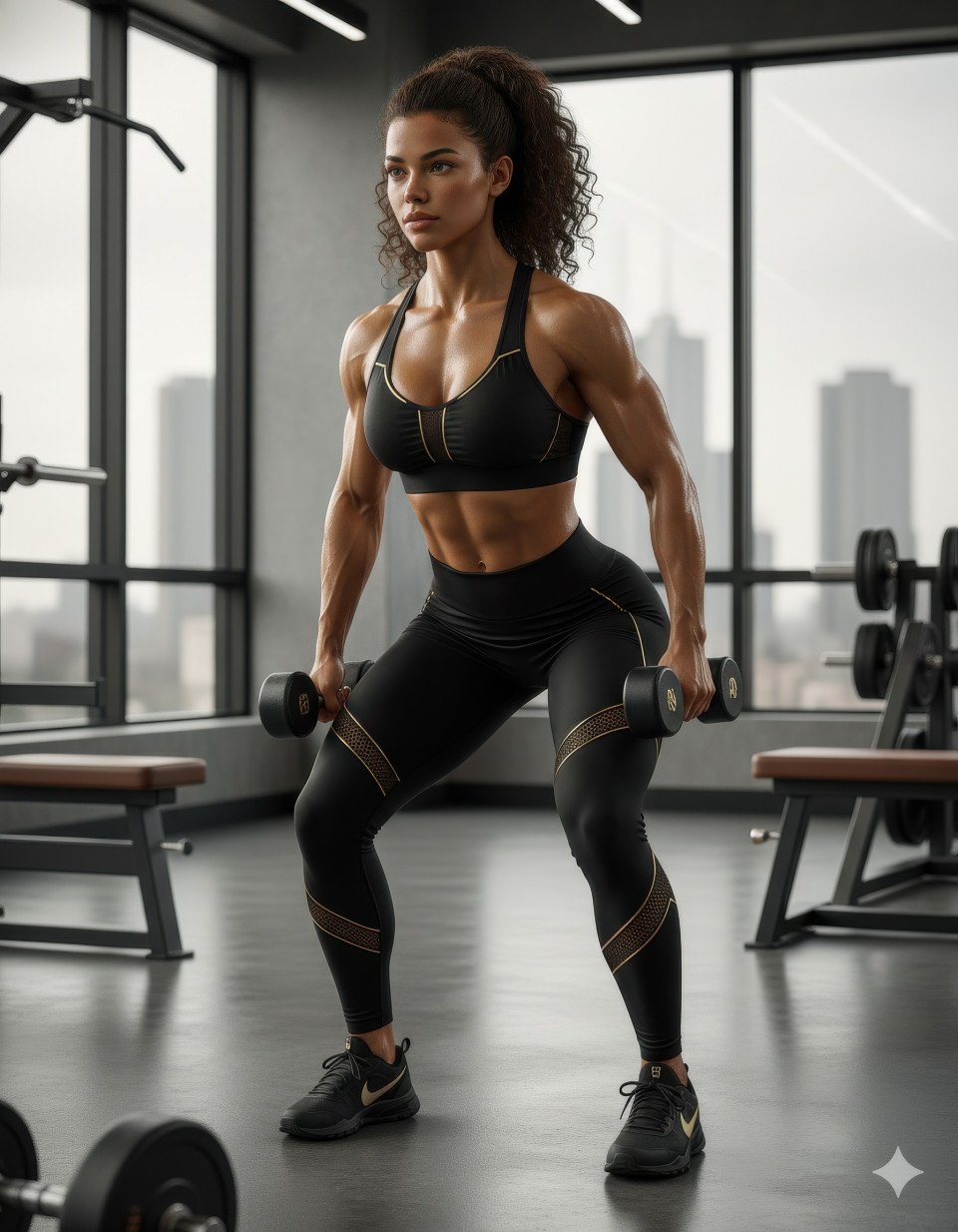 Muscular female performing strength training in luxury gym