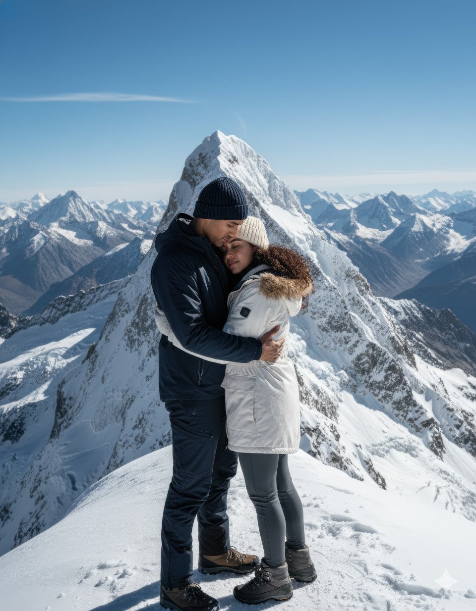 Couple embracing on snow capped mountain peak