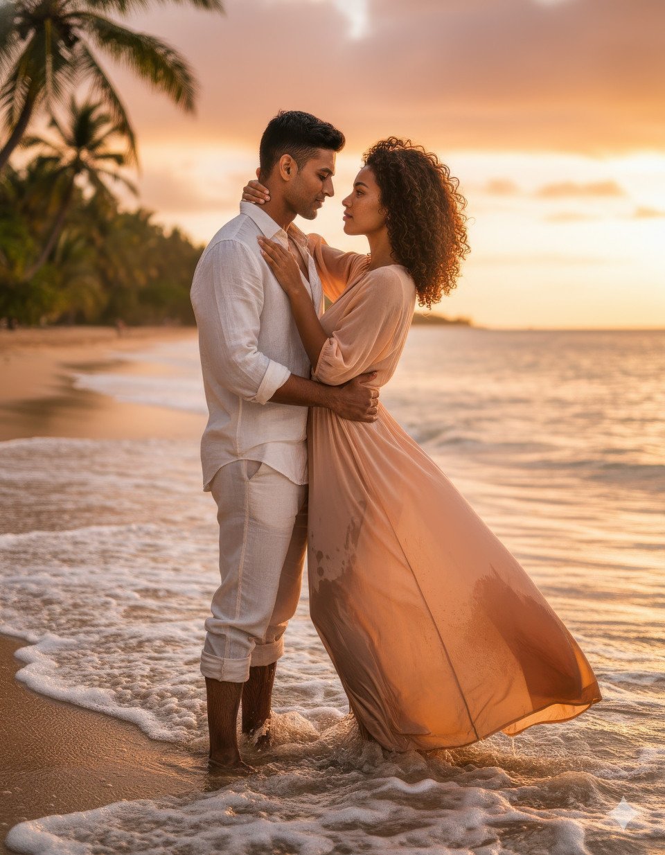 Romantic couple embracing by ocean waves at sunset
