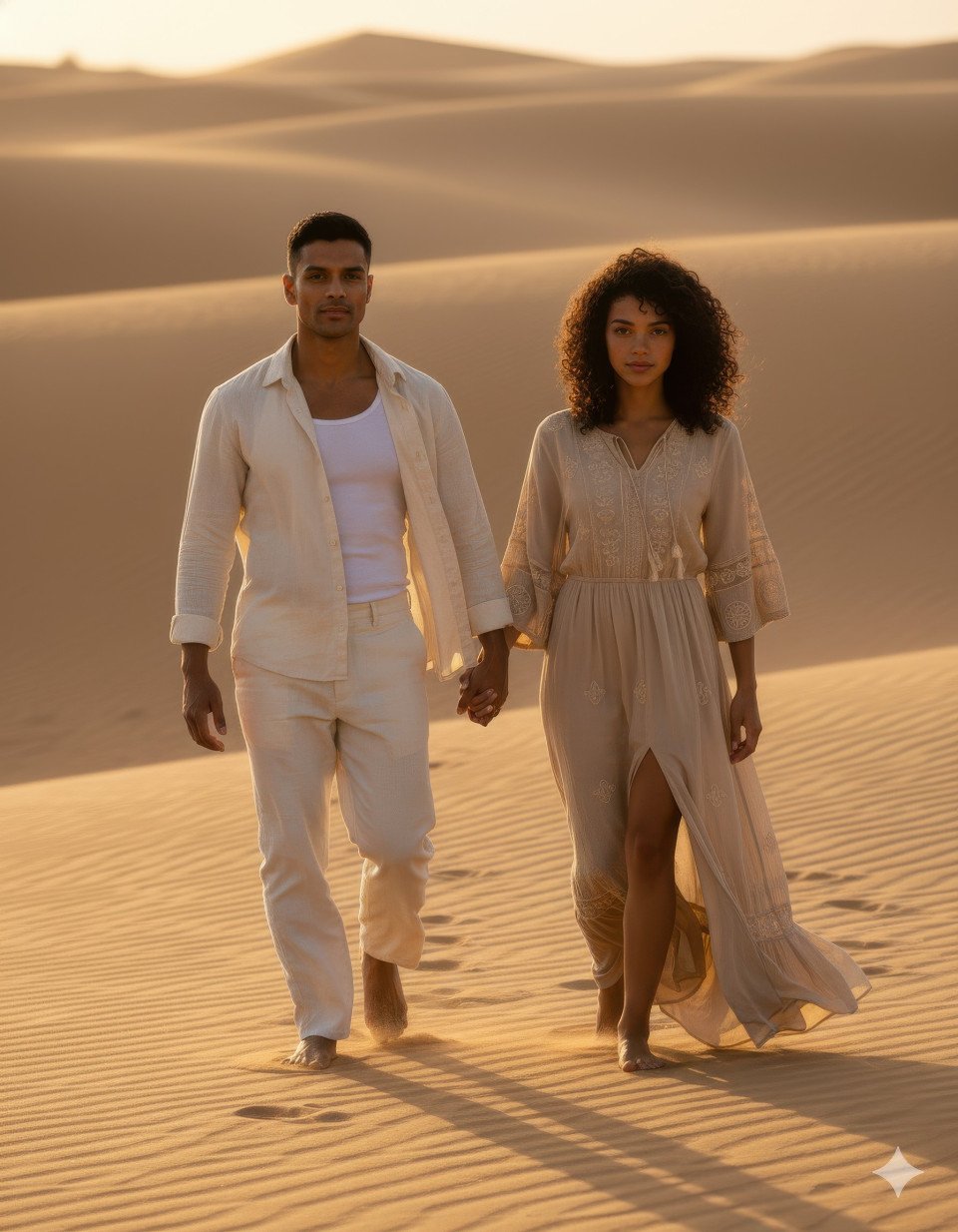 Couple walking through golden desert dunes