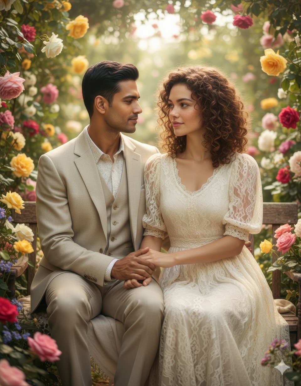Couple sitting in blooming floral garden