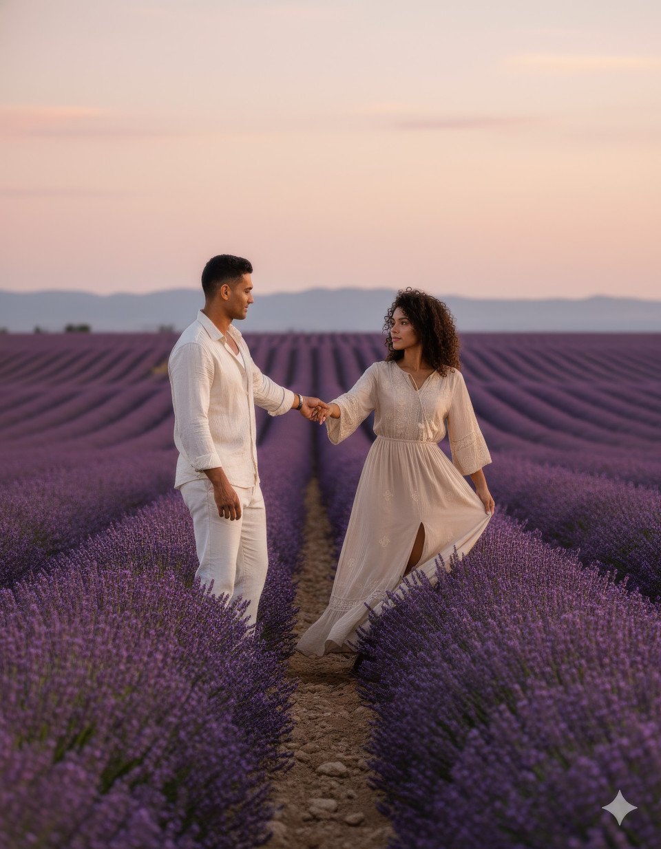 Couple dancing among lavender fields at sunset