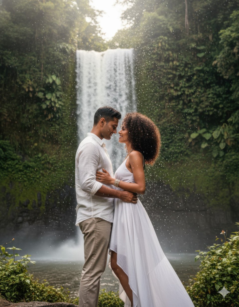 Couple standing under waterfall mist in jungle