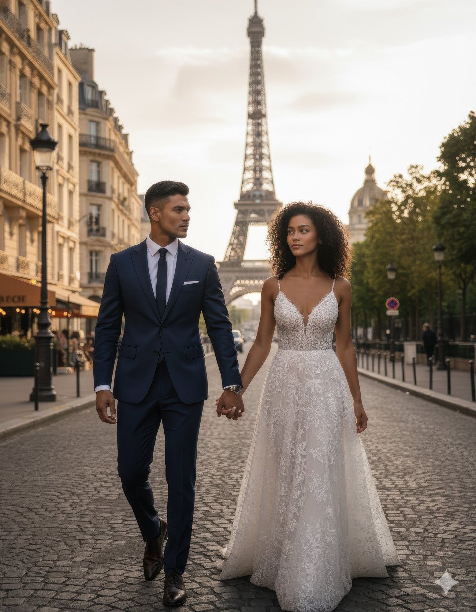 Elegant couple walking near eiffel tower