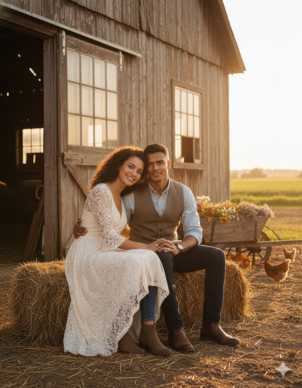 Couple sitting on hay bales near rustic barn