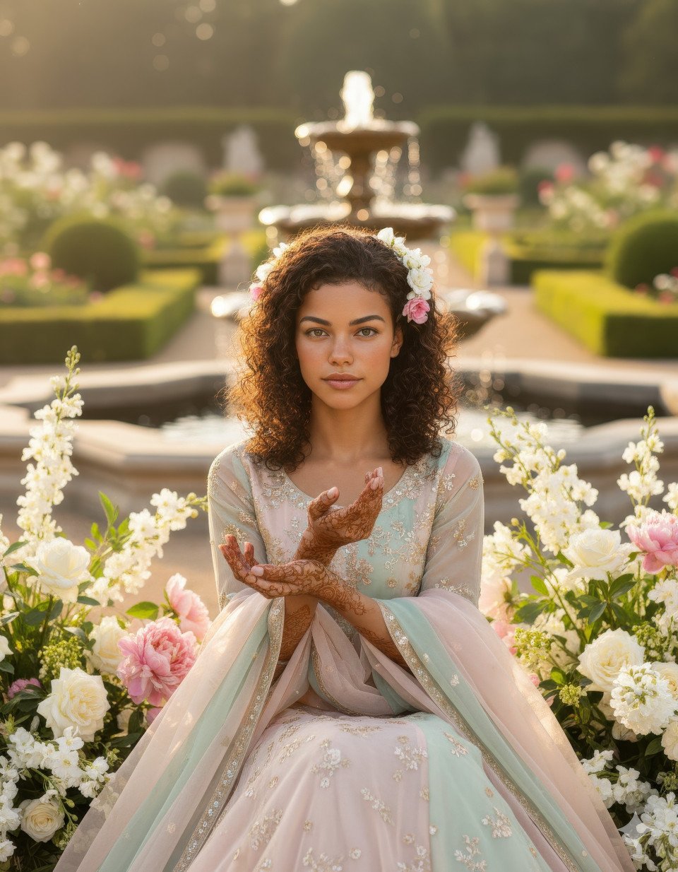 Regal bride with mehndi among floral arrangements