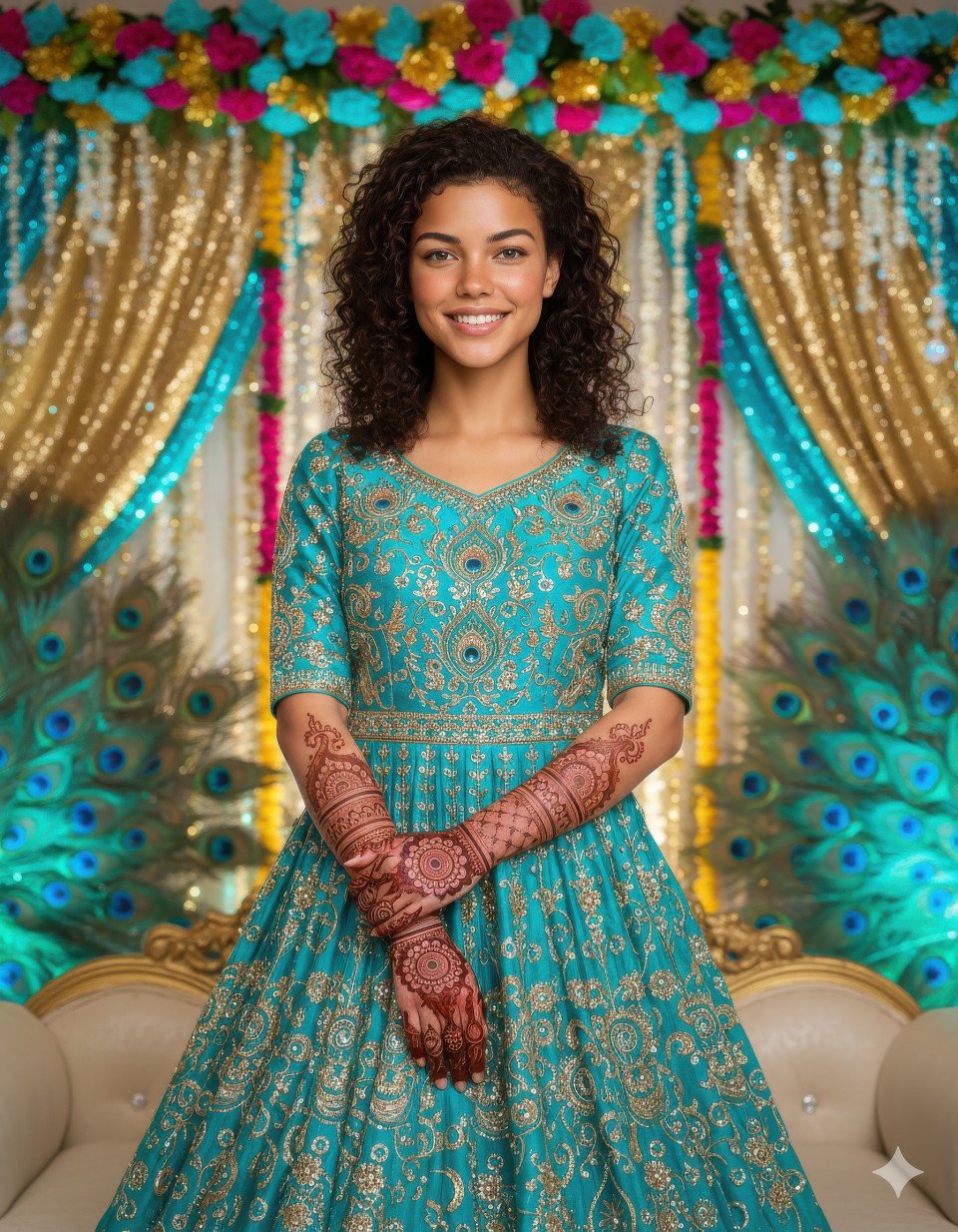 Bride with peacock inspired mehndi and turquoise attire