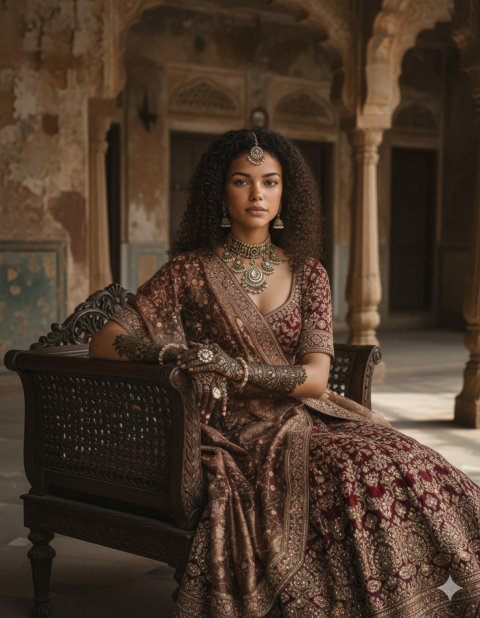 Traditional bride with antique jewelry and detailed mehndi