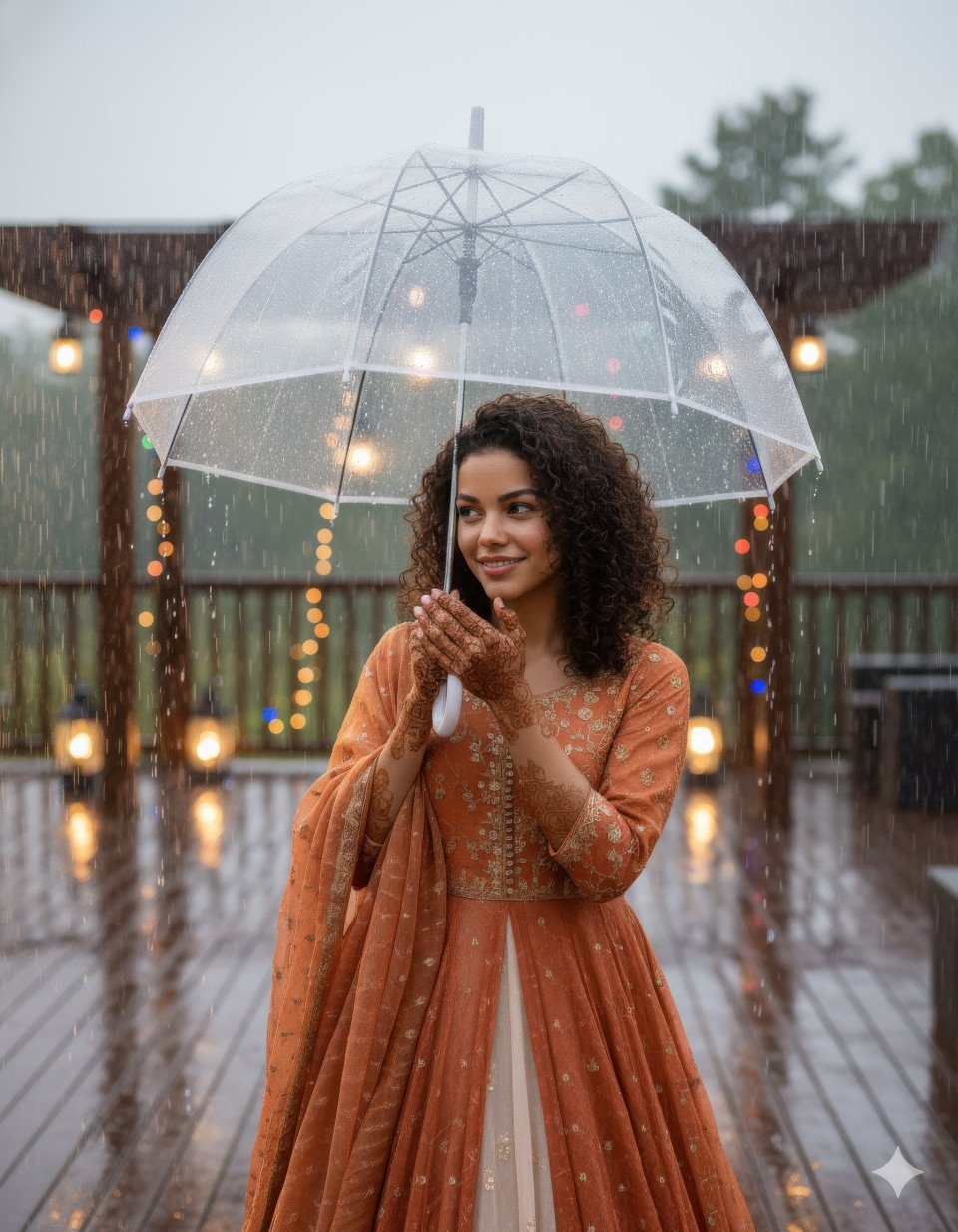 Bride showing mehndi under transparent umbrella