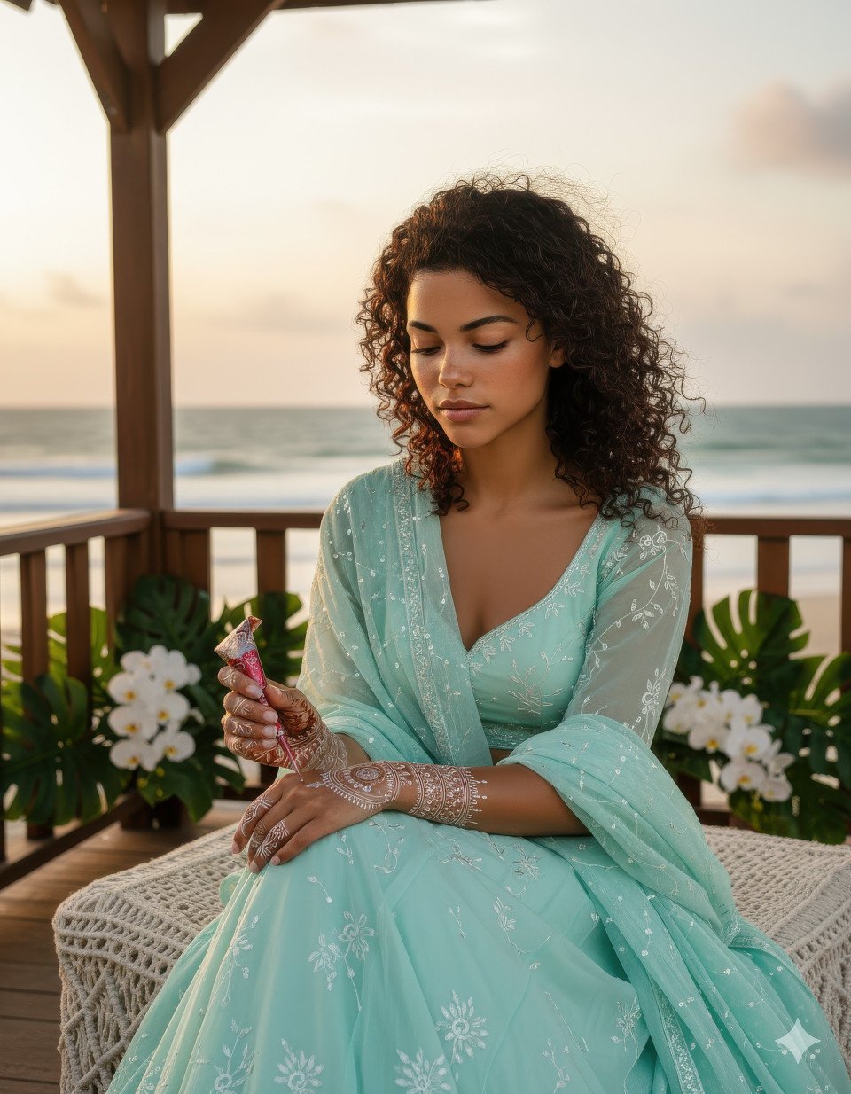 Bride applying henna near ocean breeze